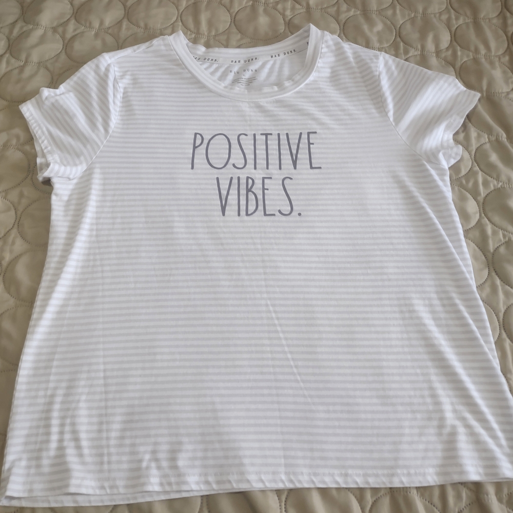 Rae Dunn White Striped "Positive Vibes" T-Shirt Women Sz XL